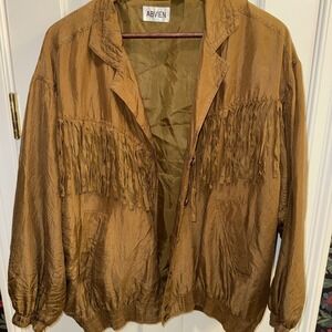 Abvien Women's 100% Silk‎ Fringe Jacket Vintage Large Mustard Brown Button Up